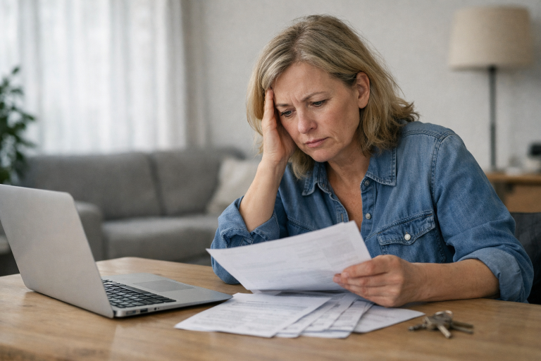 Femme d'âge moyen inquiète lisant des factures