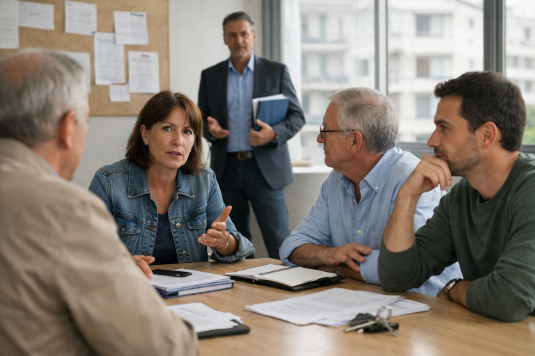 Femme expliquant un dossier lors d'une réunion