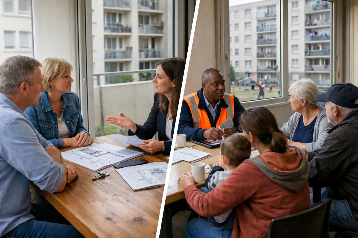 Réunion d'affaires à gauche, famille avec ouvrier à droite