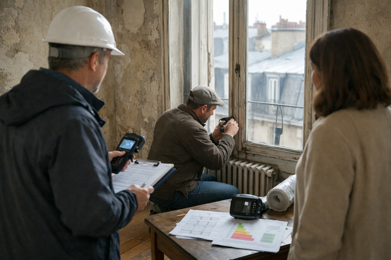 Technicien photographiant un radiateur, collègue au casque prenant des notes