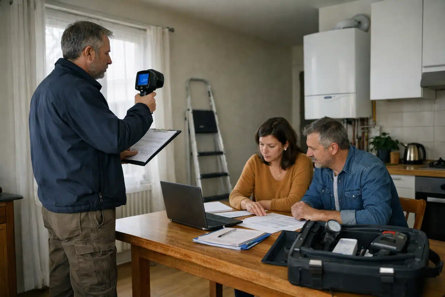 Technicien avec caméra thermique, couple examinant documents à table