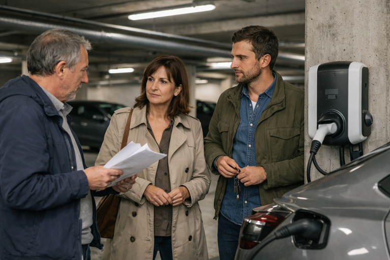 Trois adultes discutant près d'une borne de recharge