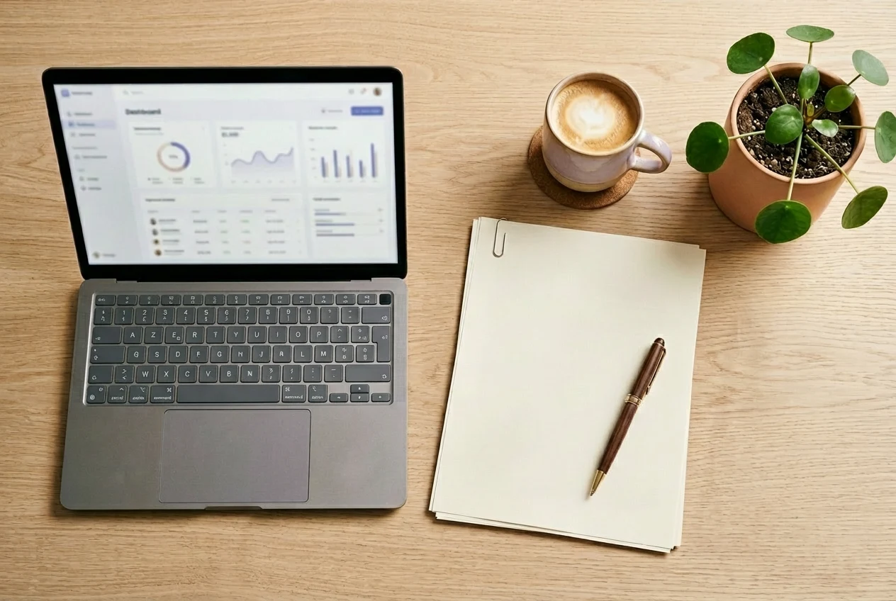 Un laptop avec un bloc-note et une tasse de café et une plante sur un bureau
