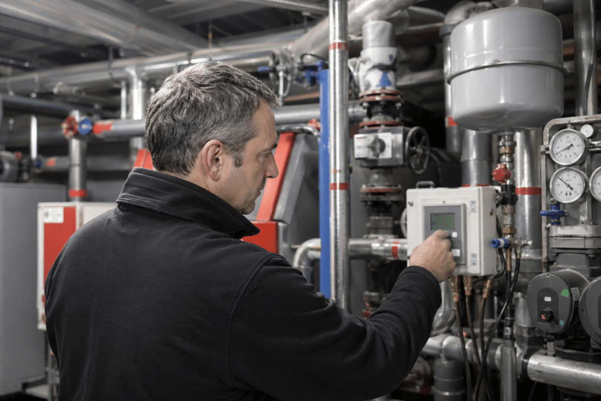 technicien règle un panneau de contrôle industriel
