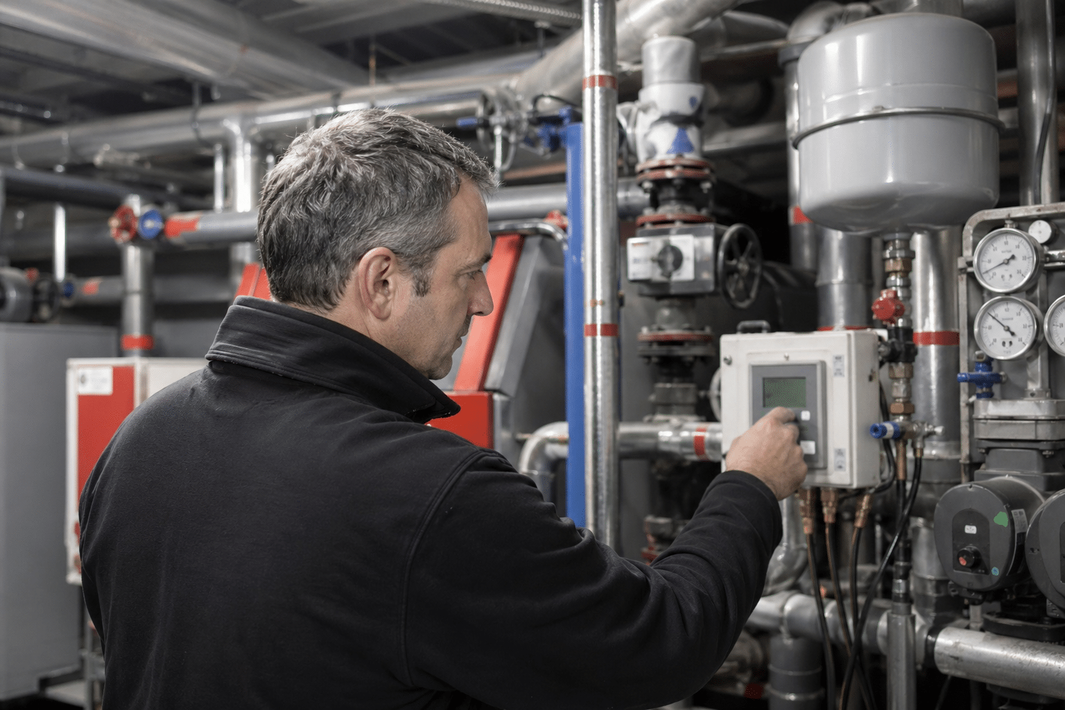 technicien règle un panneau de contrôle industriel