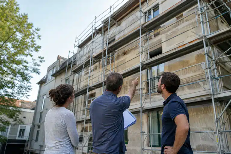 Trois personnes examinant une façade en rénovation avec échafaudage