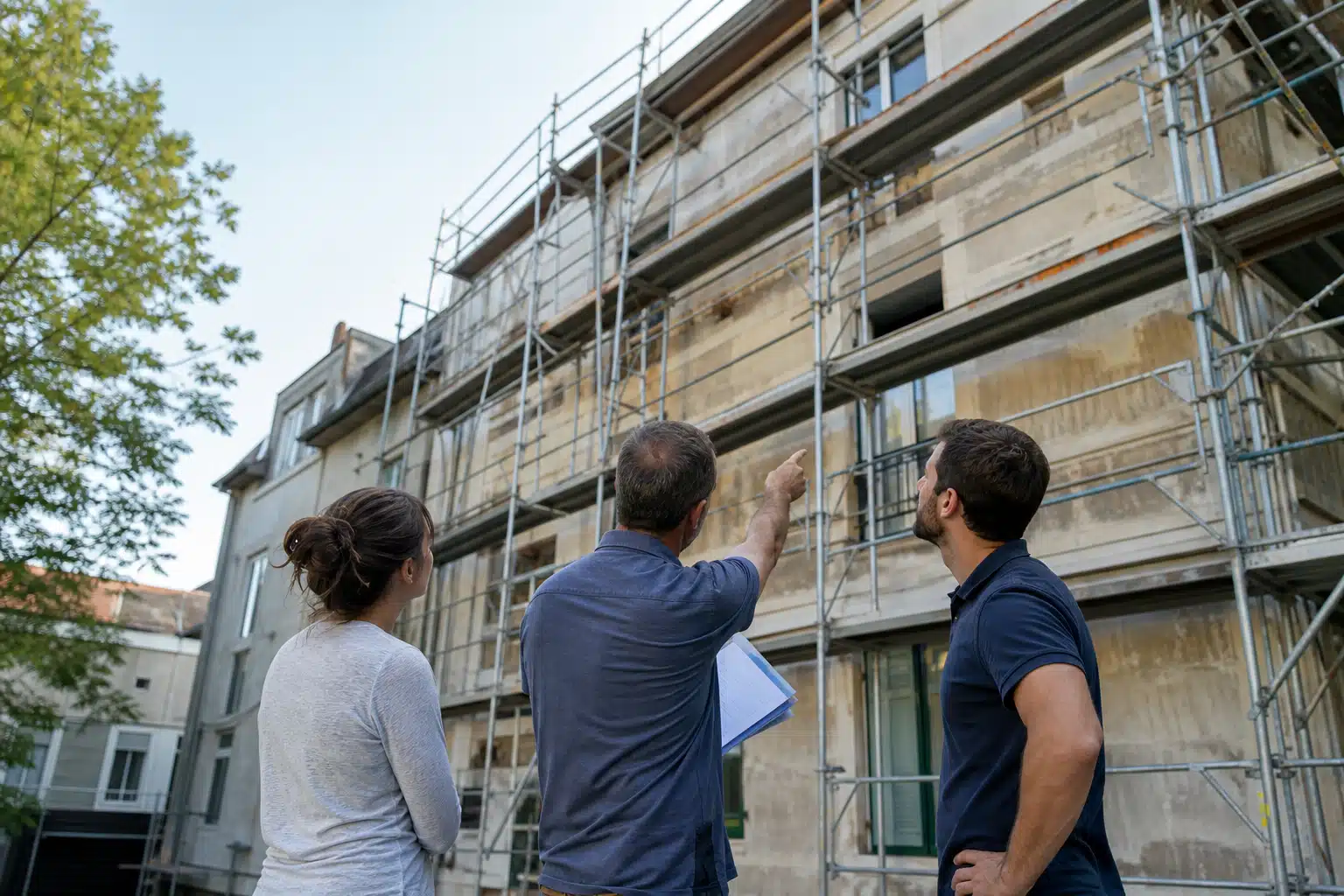Trois personnes examinant une façade en rénovation avec échafaudage