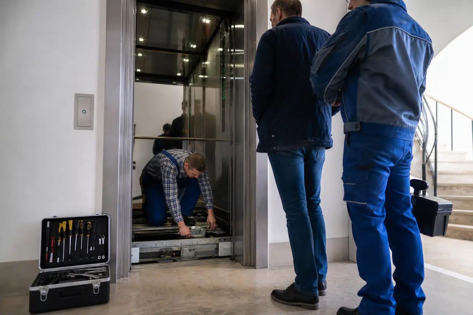 Technicien agenouillé réparant un ascenseur devant deux personnes