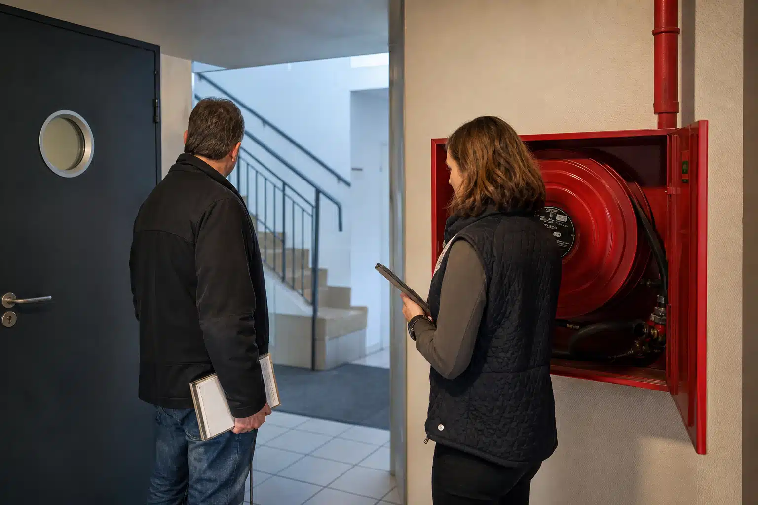 Deux personnes avec tablettes inspectant un enrouleur de tuyau